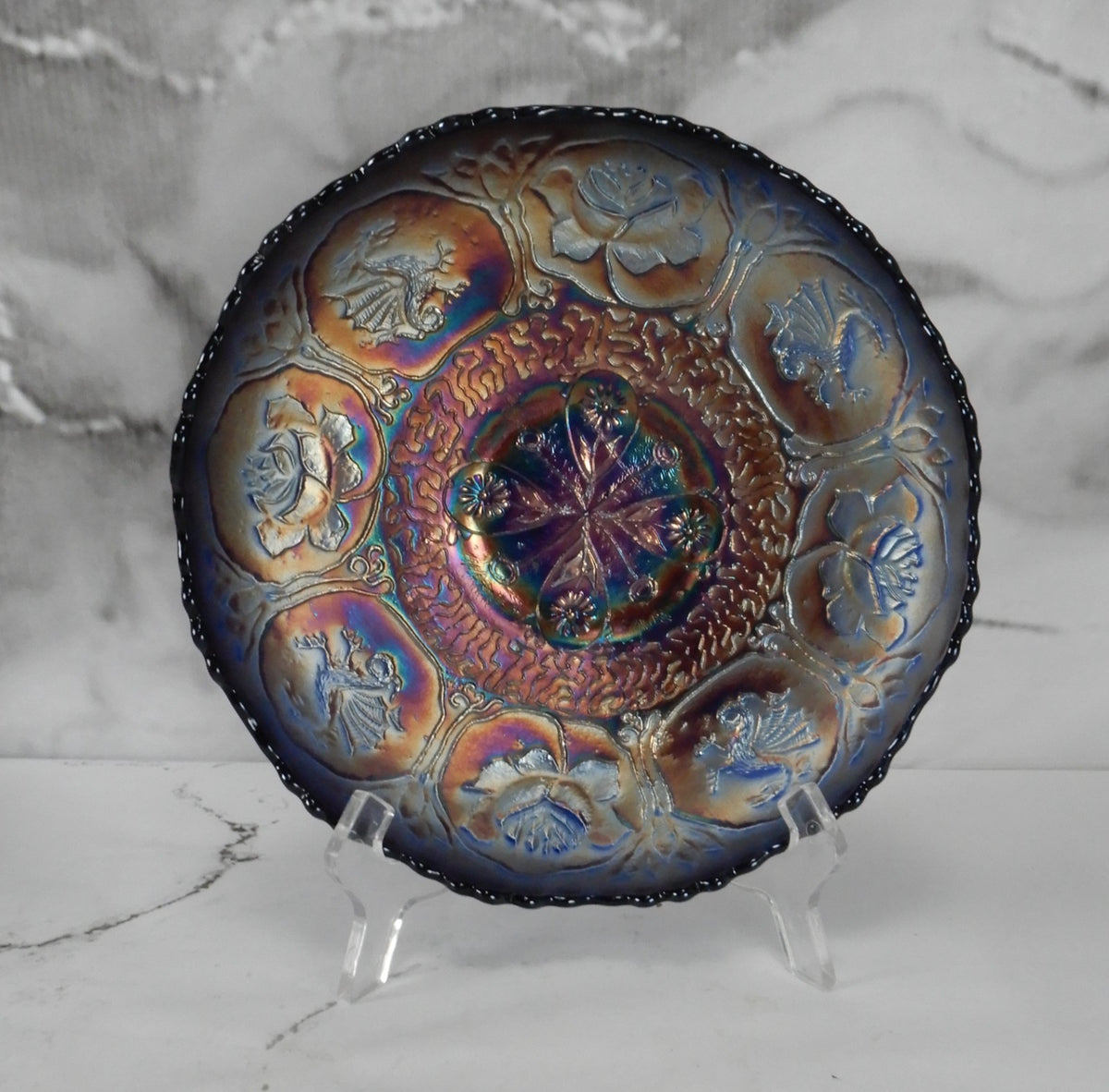 Fenton Amethyst Blue Carnival Glass Bowl Iridescent Dragon Lotus Pattern