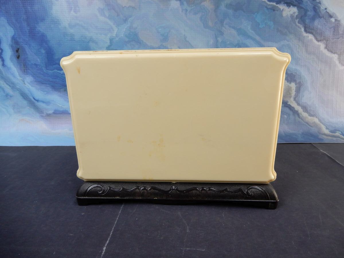 Vintage Asian Celluloid Bakelite Beige Jewelry Box Embossed Black Dragon Handles