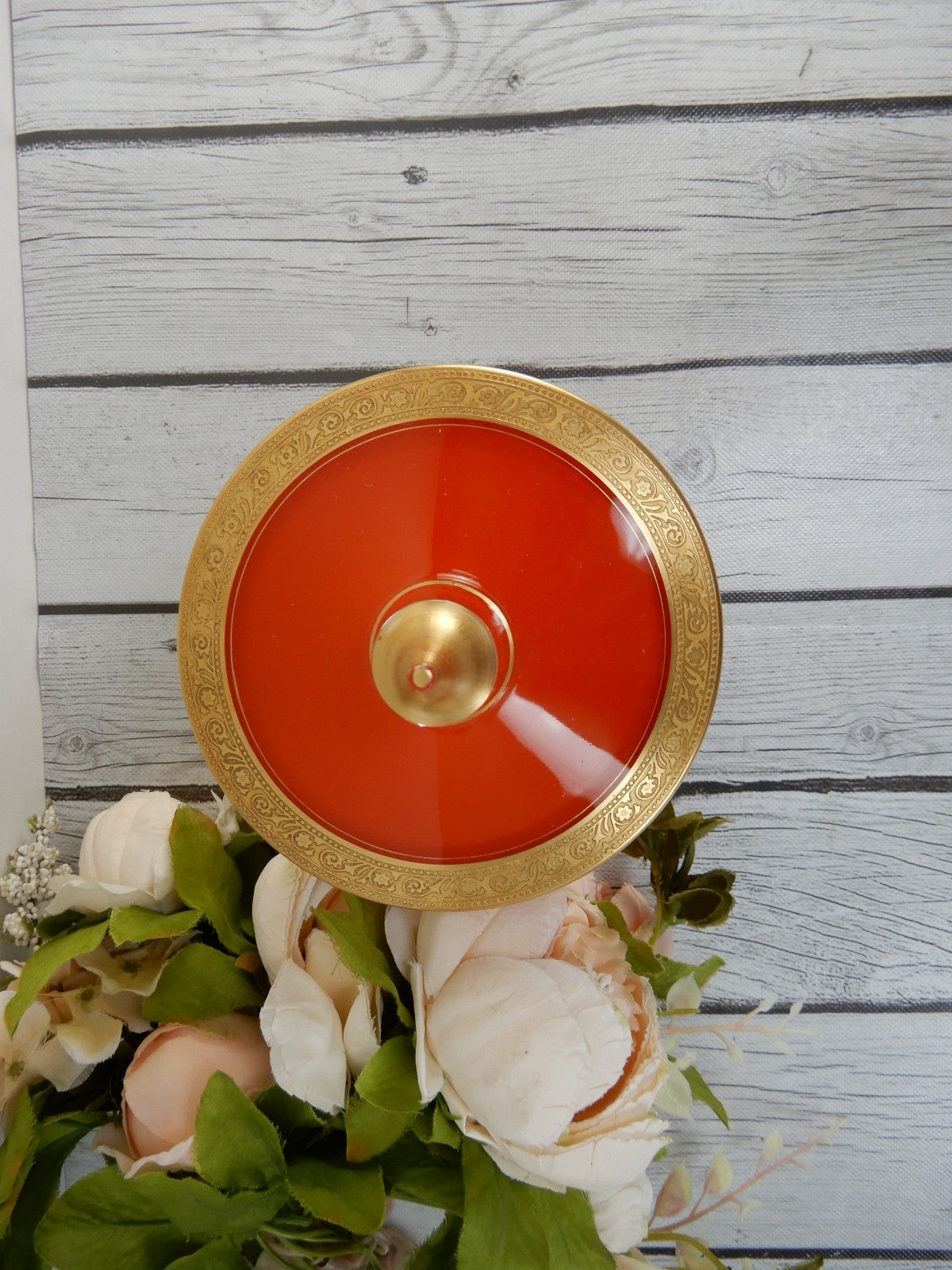 Vintage Rambler Rose Orange Glass Gold  Footed Candy Dish w/Lid
