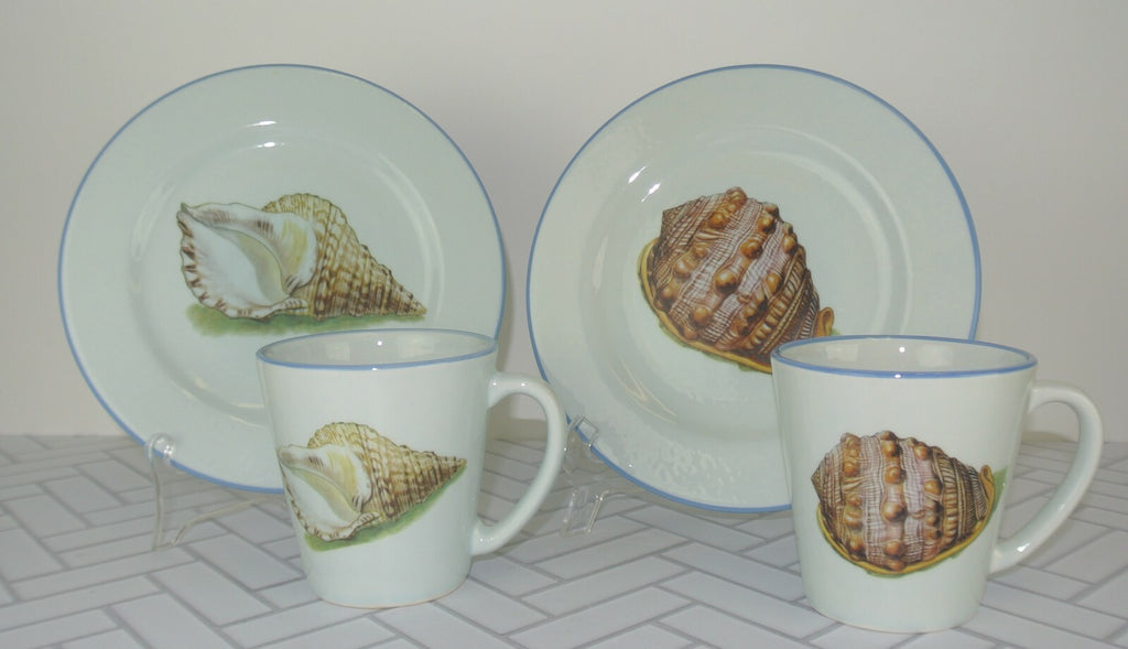 Set of 2 Sea Shell Dinnerware Two Plates, Two Mugs Made in Italy "A"