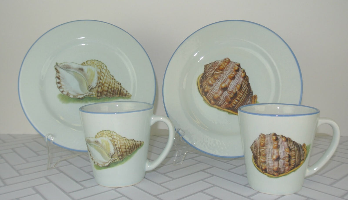Set of 2 Sea Shell Dinnerware Two Plates, Two Mugs Made in Italy "A"