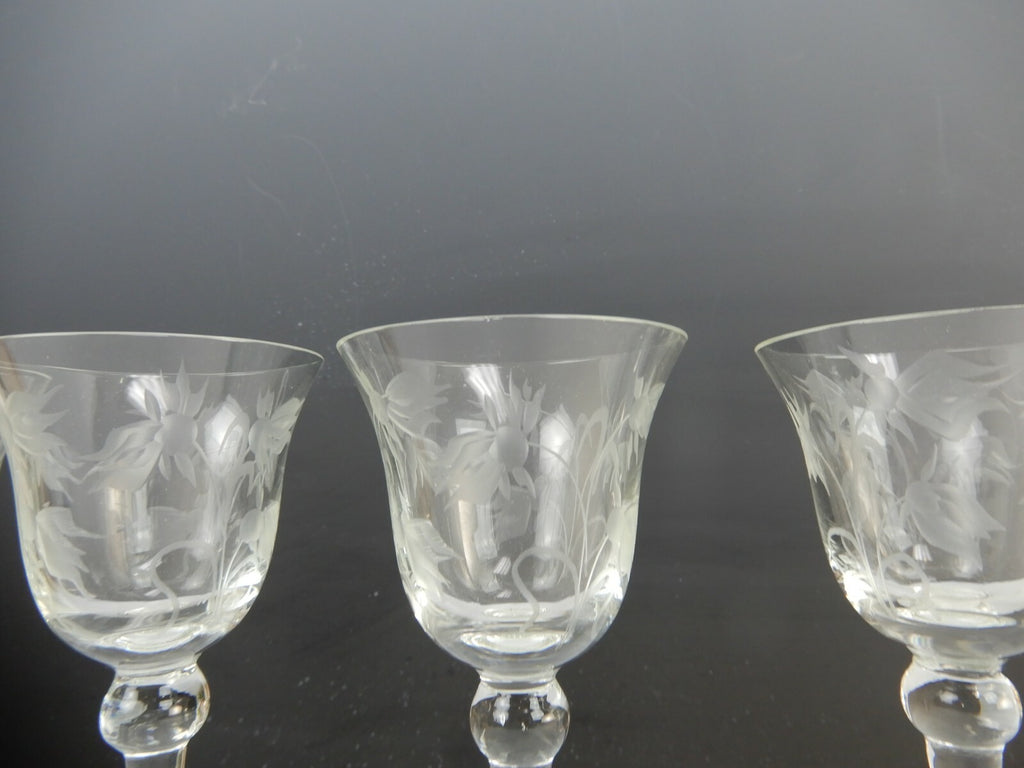 Set of 6  Elegant Etch Cordial Cocktail Glasses with Flowers