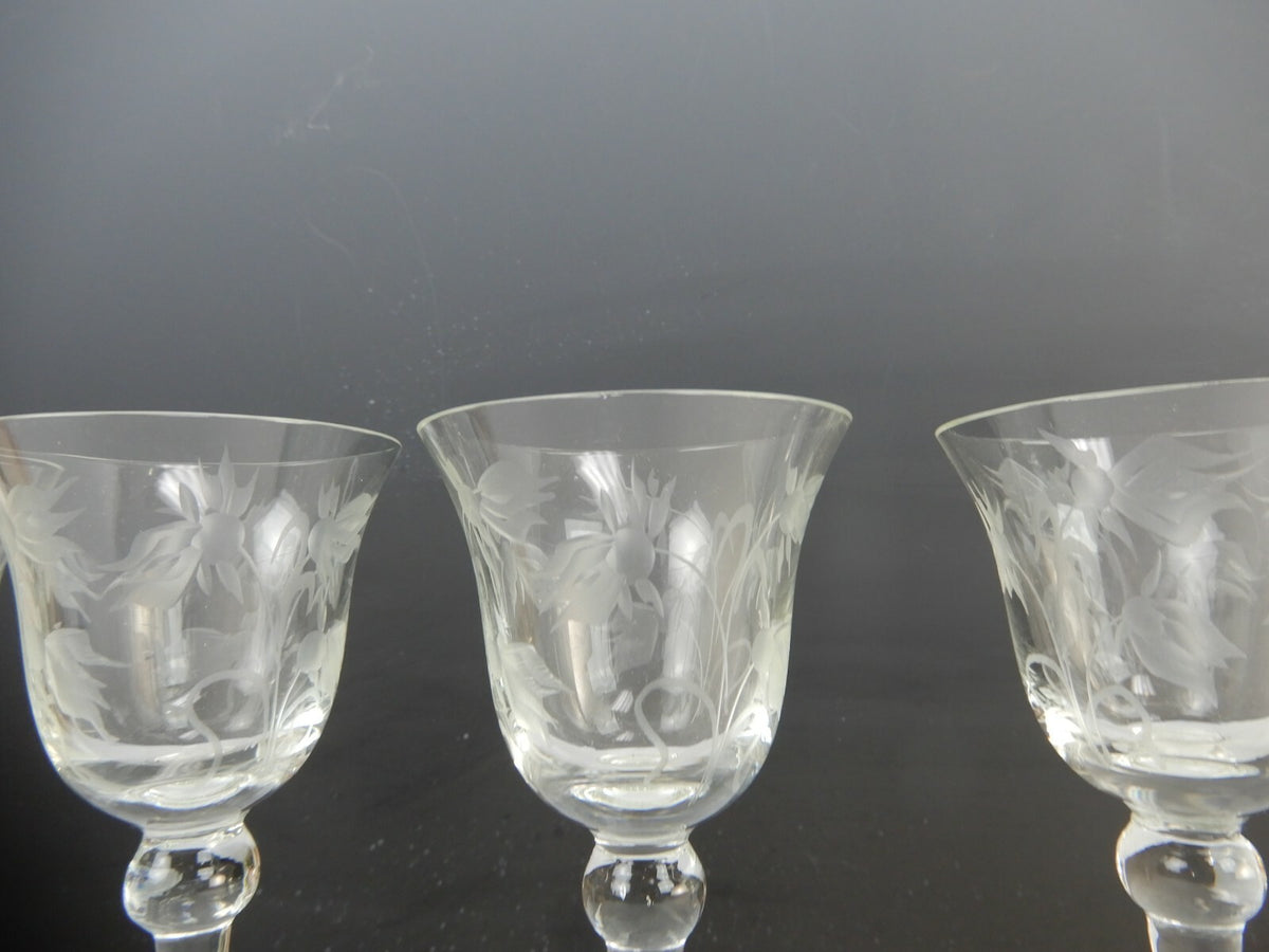 Set of 6  Elegant Etch Cordial Cocktail Glasses with Flowers