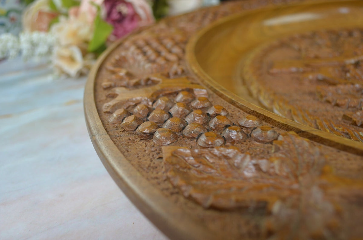 Vintage Large 19" Hand-Carved, Brown Wood Plate with Grape Vines/ Wall Art Decor