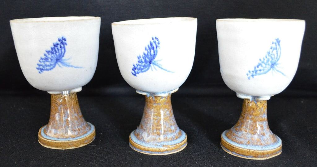 3 Pottery Goblets/Chalice-Drip Glaze-with Earthtones Unsigned