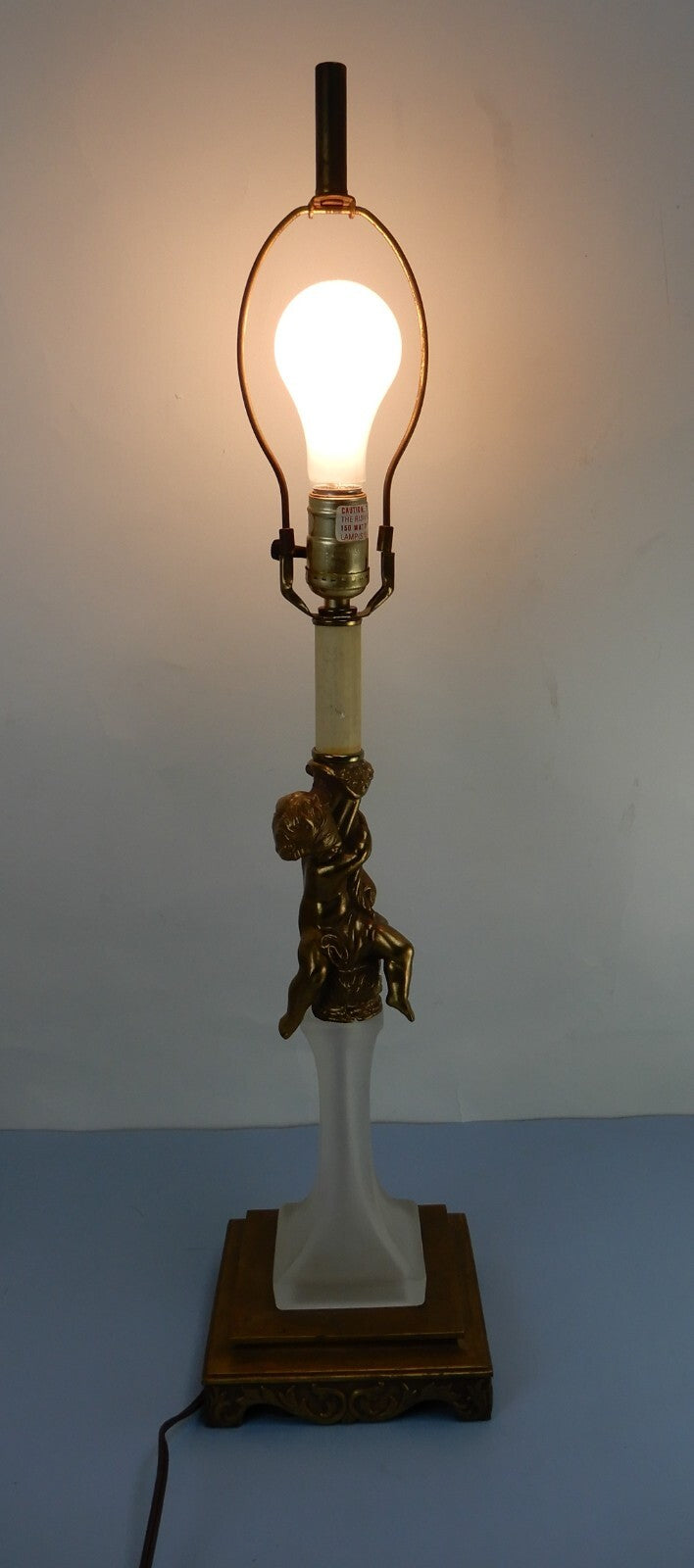 Vintage Tall Cherub Brass and Frosted Glass 3- Way Table Lamp
