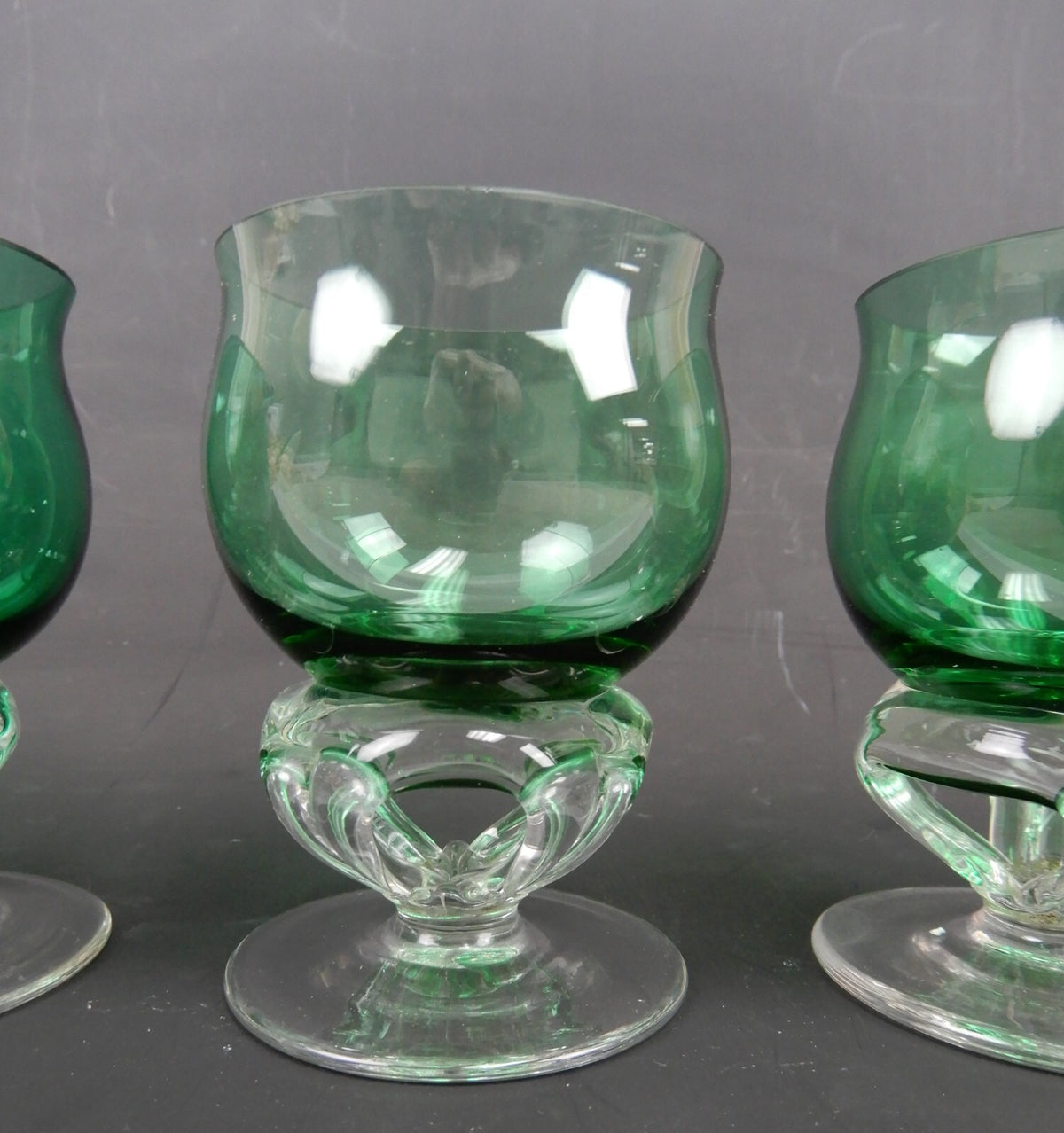 4 Hand Blown Forest Green With Clear Stemmed Cordial Liqueur 4oz Glasses