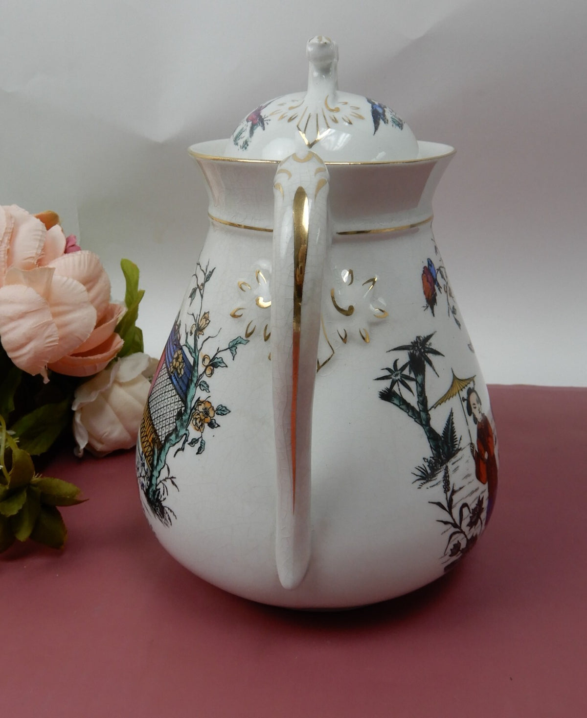 Antique Crazed and Stain White Ironstone Transferware Coffee Pot