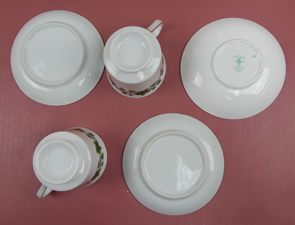Crown Staffordshire Green Leaf 3 Desert Plates 2 Cups and 3 Saucers