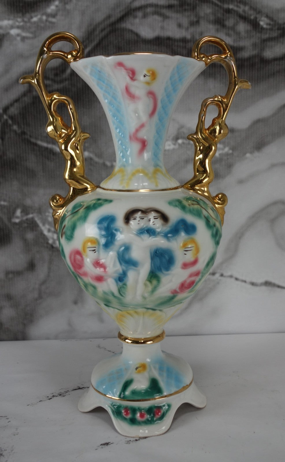 Hand Decorated With Cherubs Italian Footed Vase, Gold Trim Porcelain 15.5" Tall