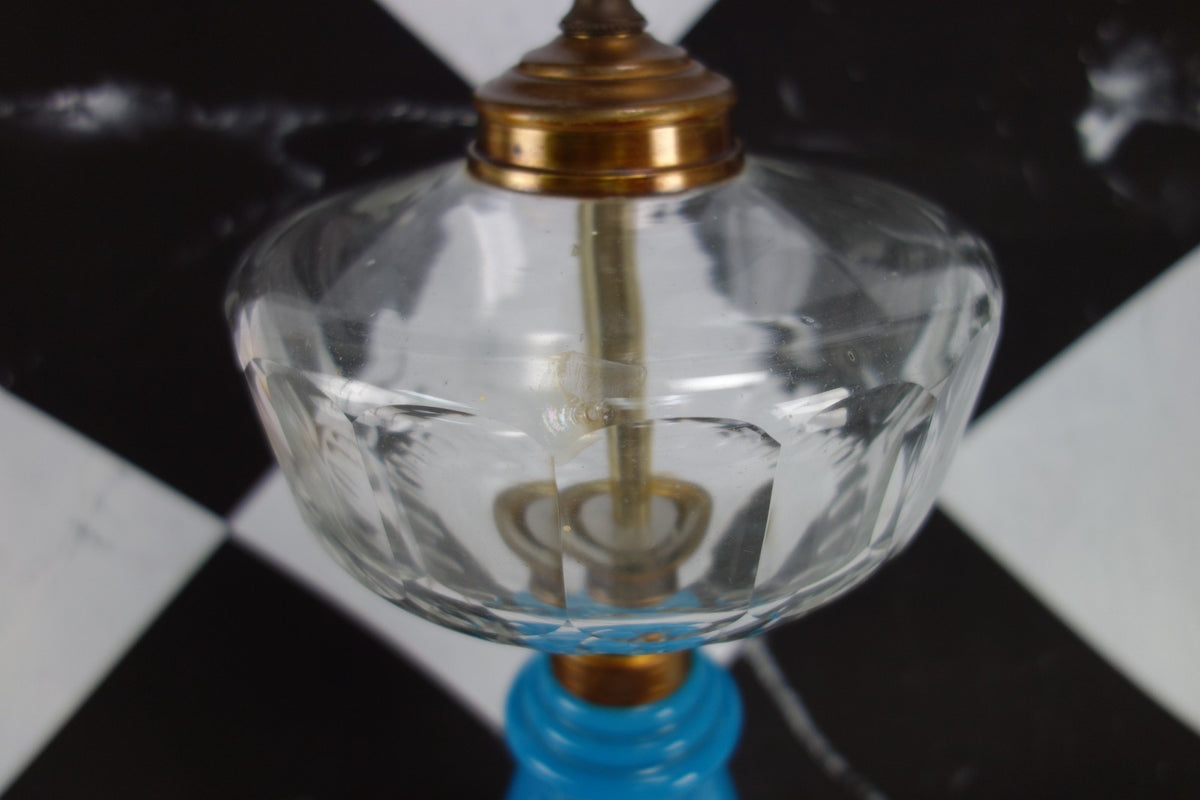 Vintage Turquoise Blue Opaline Glass Clear Top Glass Brass Base 3 Way Table Lamp