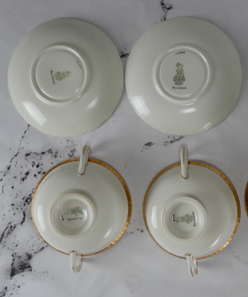 2 Royal Doulton Bone China "Belvedere V1877 "Handled Cream Soup Bowls w/ Saucers