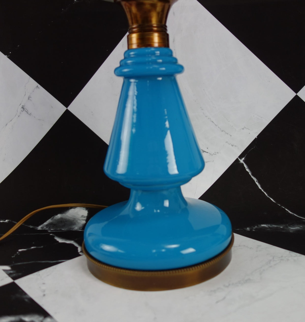 Vintage Turquoise Blue Opaline Glass Clear Top Glass Brass Base 3 Way Table Lamp