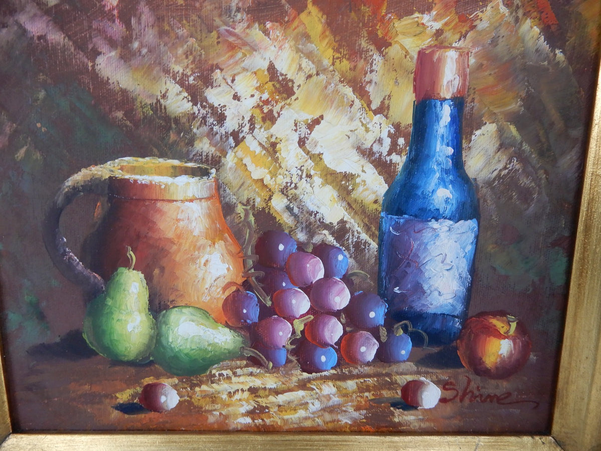 Oil Still Life Painting W/Fruits and Ornate Picture Frame 14-5/8" X  12-3/4"