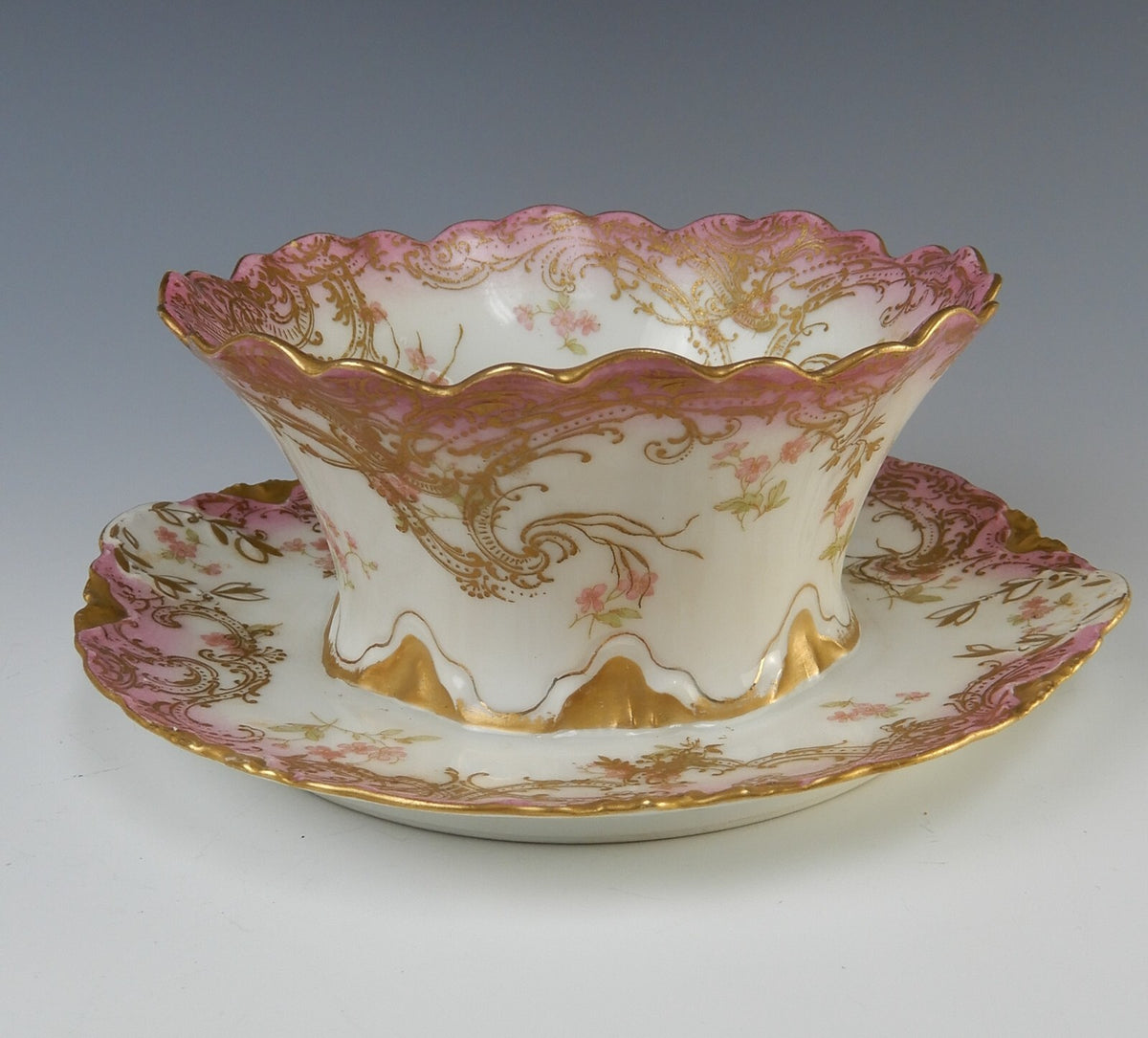 Antique Haviland Limoges Pink Sauce or Mayonnaise Bowl w/ attached Underplate