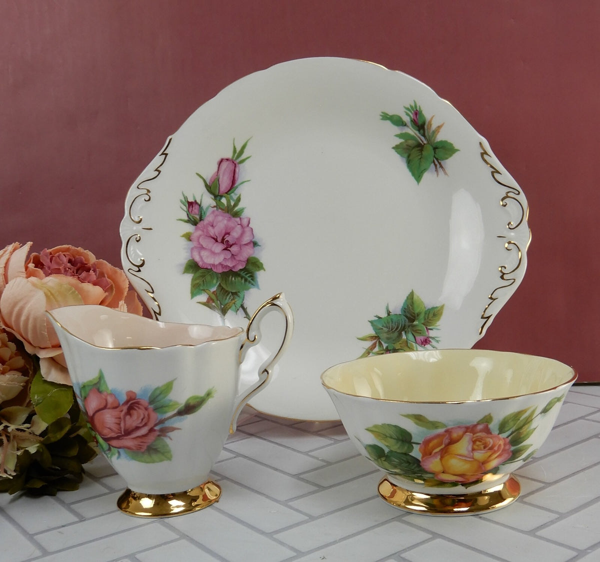 Paragon Harry Wheatcroft "Six World Famous Roses"Cake Tray,Sugar Bowl & Creamer