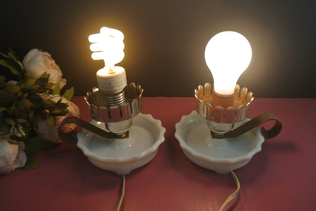 Pair Of Two Milk Glass Candlestick Holder Style Table Lamps