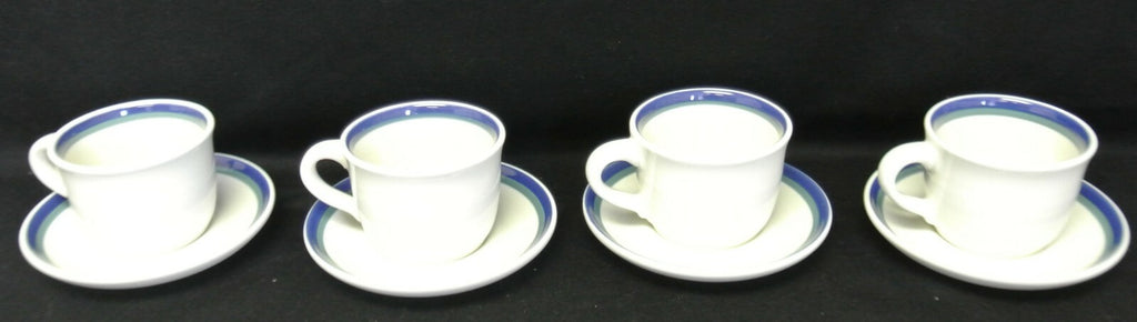 Pfaltzgraff USA Northwinds 4 Cups and Saucers. White & Blue Design. Kitchen