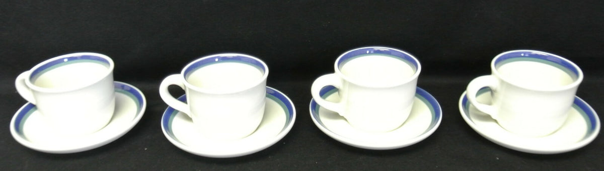 Pfaltzgraff USA Northwinds 4 Cups and Saucers. White & Blue Design. Kitchen