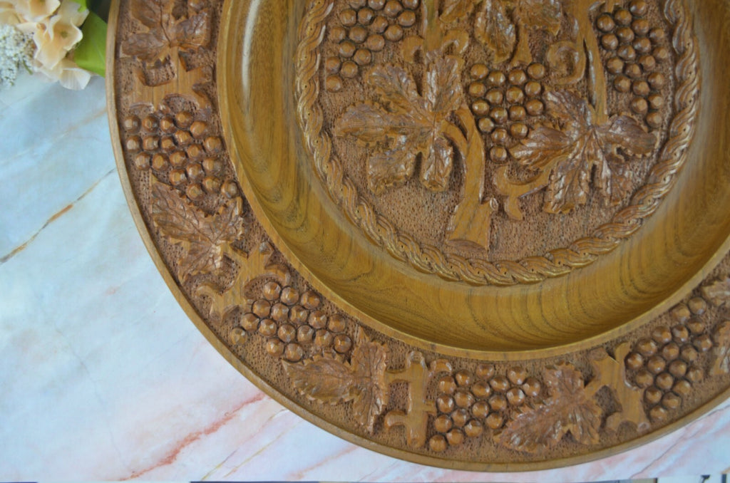 Vintage Large 19" Hand-Carved, Brown Wood Plate with Grape Vines/ Wall Art Decor