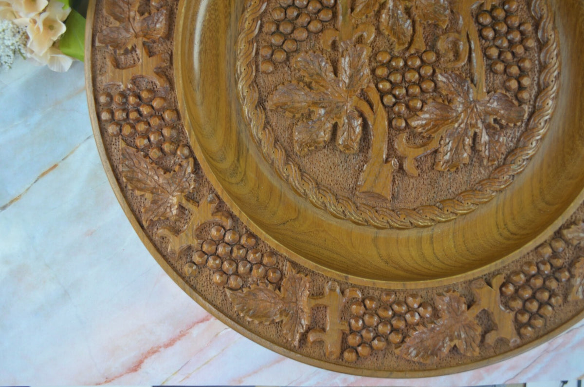 Vintage Large 19" Hand-Carved, Brown Wood Plate with Grape Vines/ Wall Art Decor