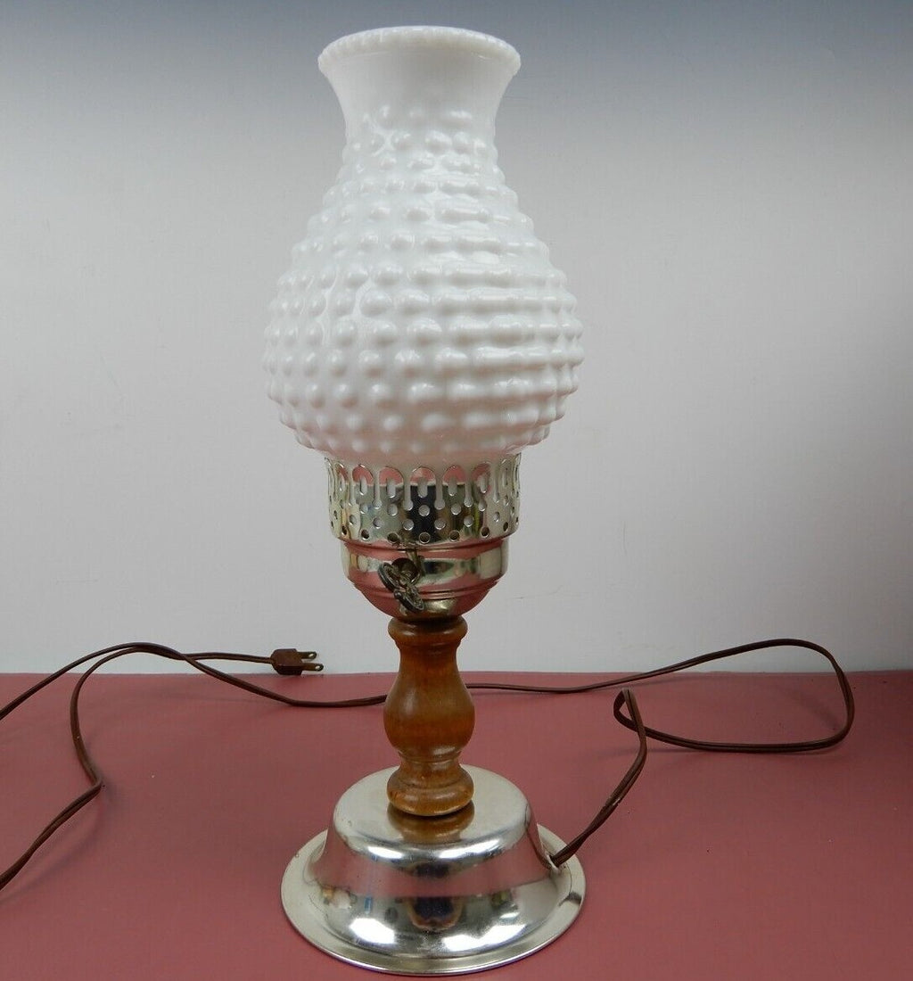 Vintage Table Lamp with Milk Glass Hobnail Lampshade W/Wood & Metallic Base
