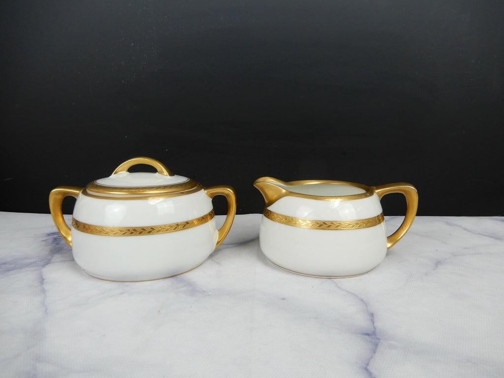 Vintage Pickard White and Gold Rims Porcelain Cream And Sugar Bowl