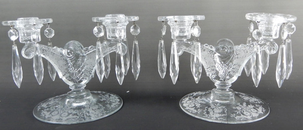 2 Pc. Double Light Candlestick Light Candelabras Fern Pat. Etched Base &Bobeches