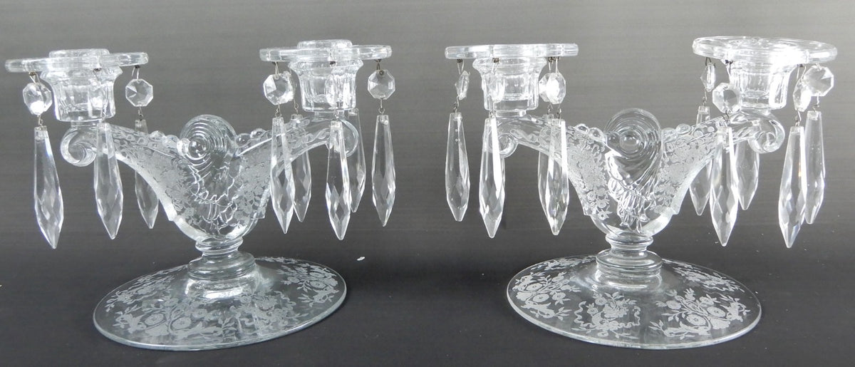 2 Pc. Double Light Candlestick Light Candelabras Fern Pat. Etched Base &Bobeches