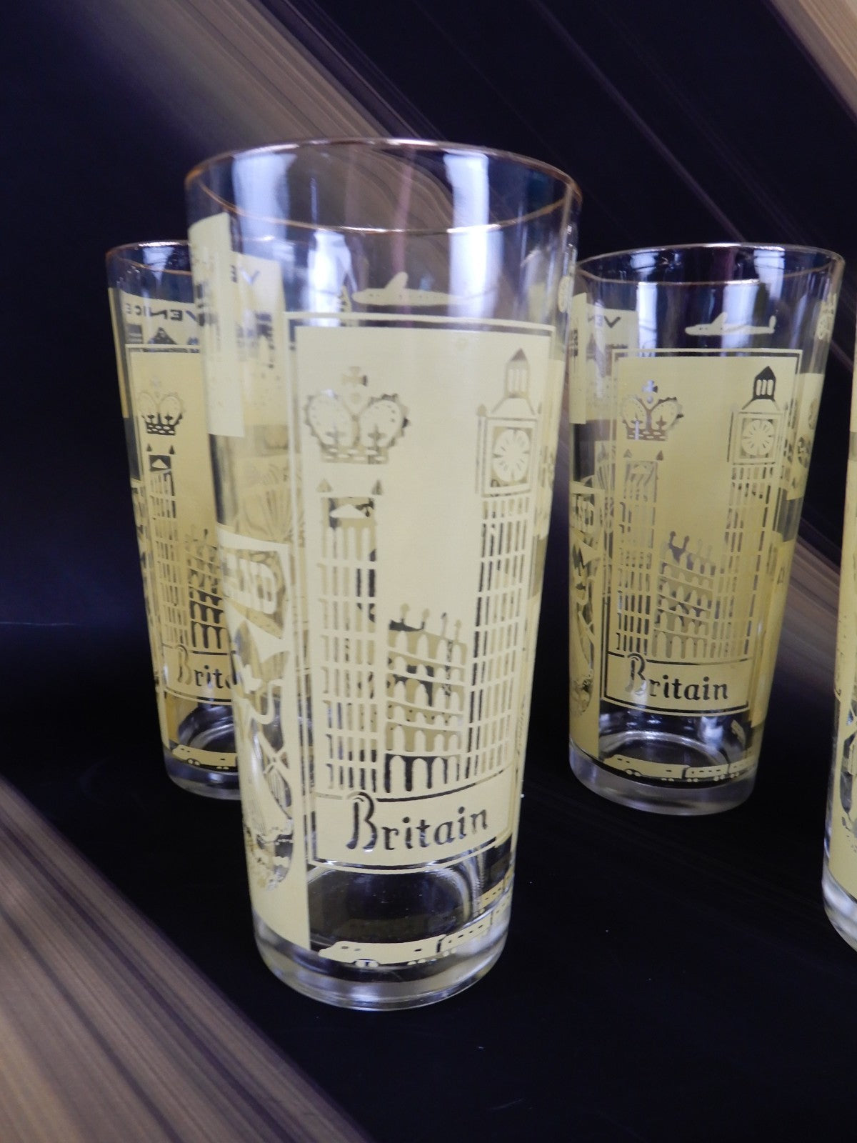 8 Piece Vintage High Ball Yellow Glass Travel Tumblers World Destination 16 oz