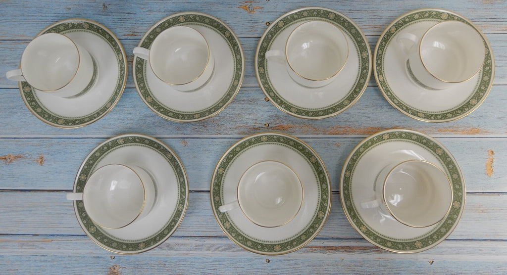 Royal Doulton Rondelay Gold Green Band H5004 Set of 7 Espresso Cups and Saucers
