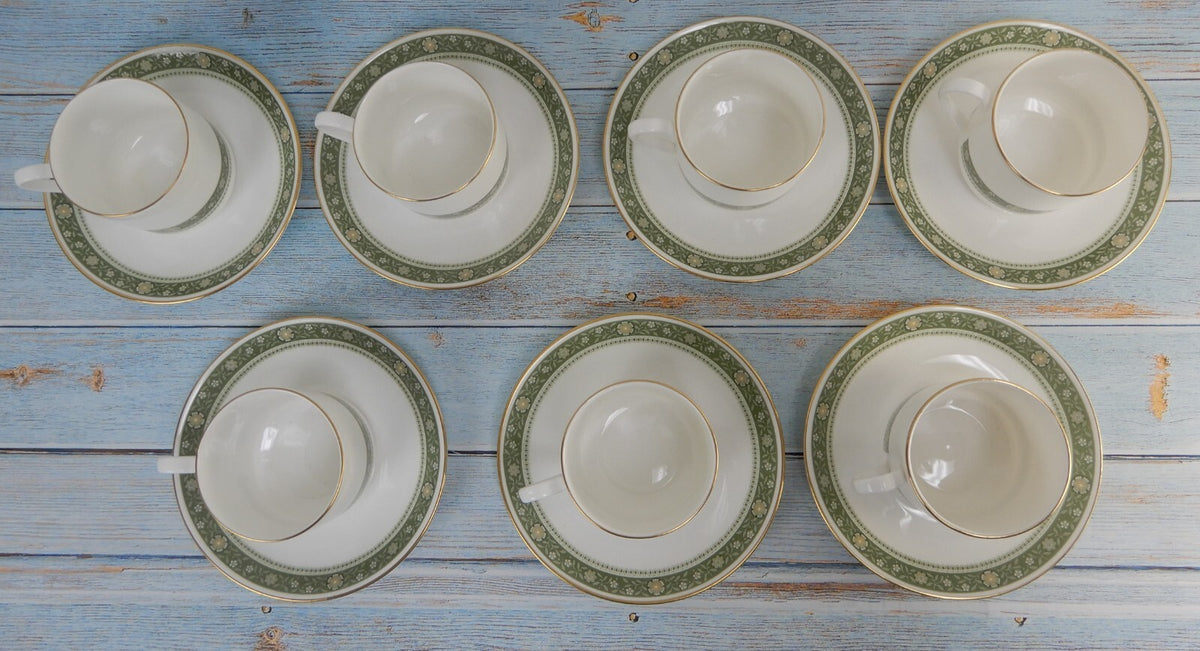 Royal Doulton Rondelay Gold Green Band H5004 Set of 7 Espresso Cups and Saucers