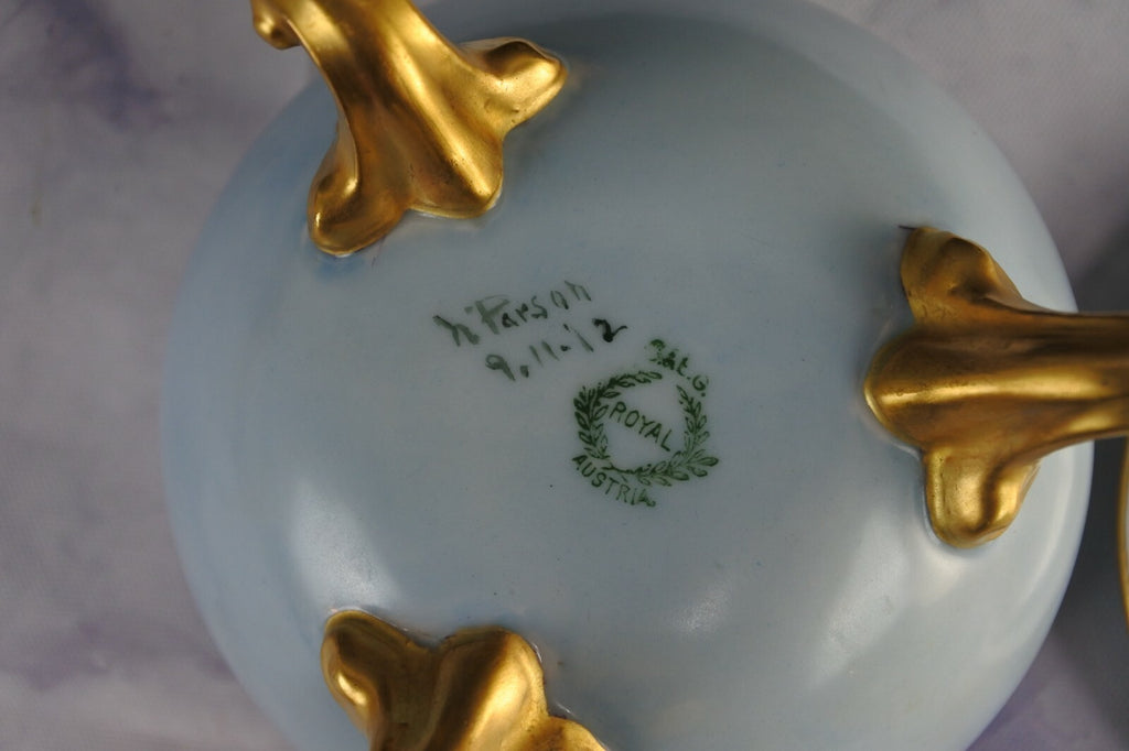 O.& E.G. Royal Porcelain Flower Vase, Hair Receiver, And Powder Jar Vanity Set