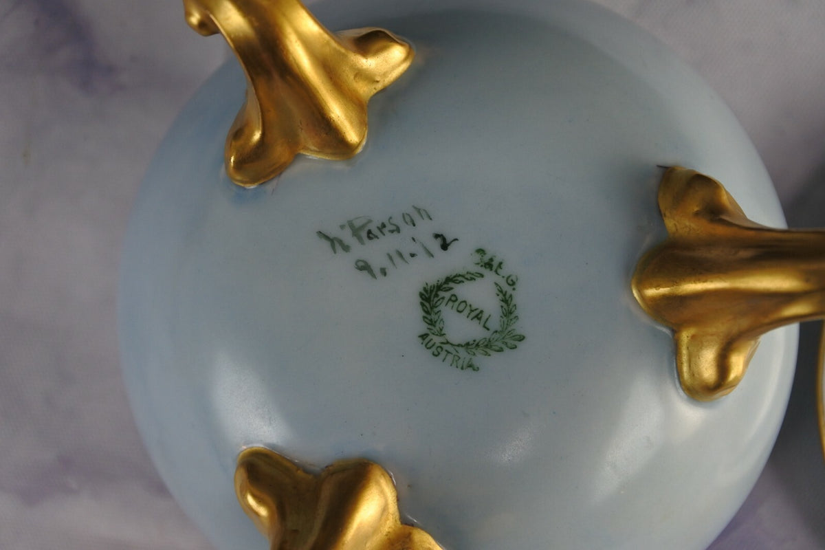 O.& E.G. Royal Porcelain Flower Vase, Hair Receiver, And Powder Jar Vanity Set