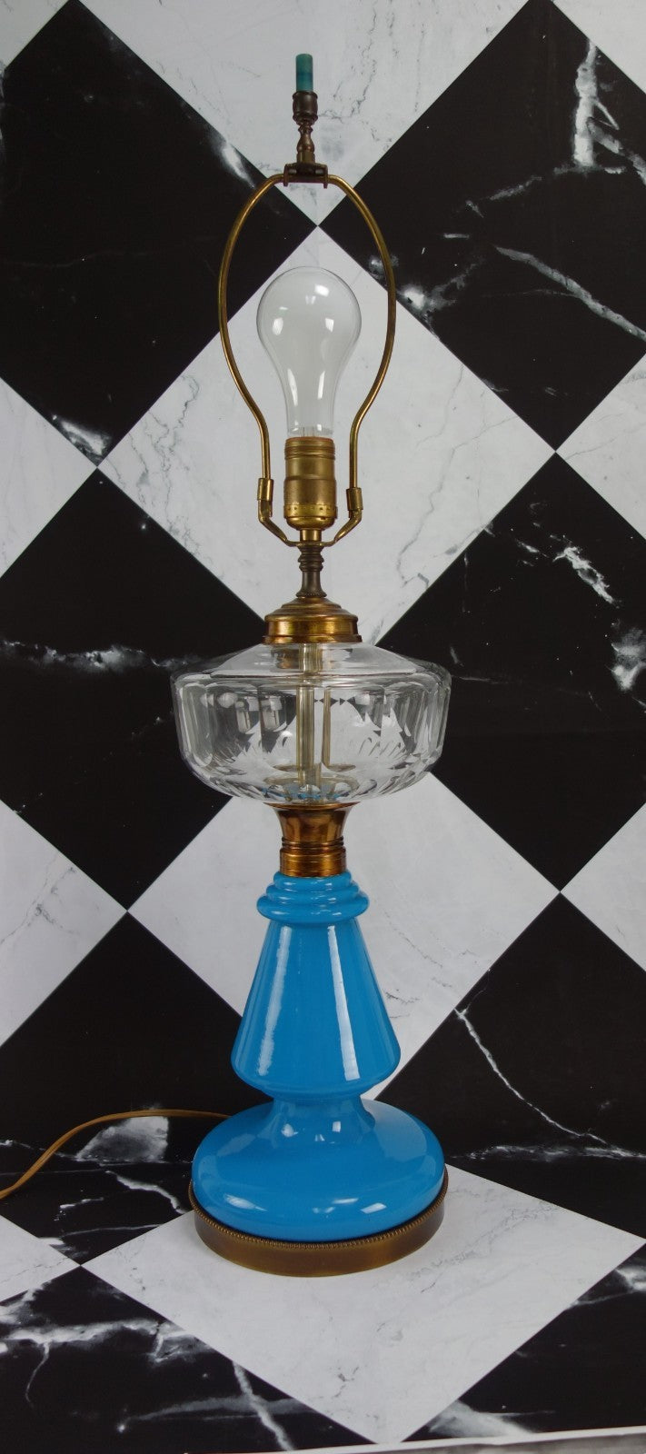 Vintage Turquoise Blue Opaline Glass Clear Top Glass Brass Base 3 Way Table Lamp