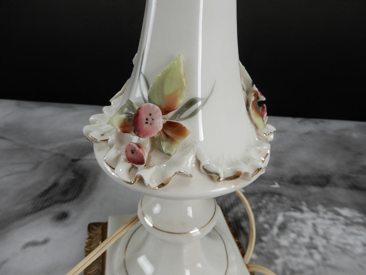 Vintage Porcelain Boudoir Table 3-Way Lamp with Applied Flowers 27" Tall