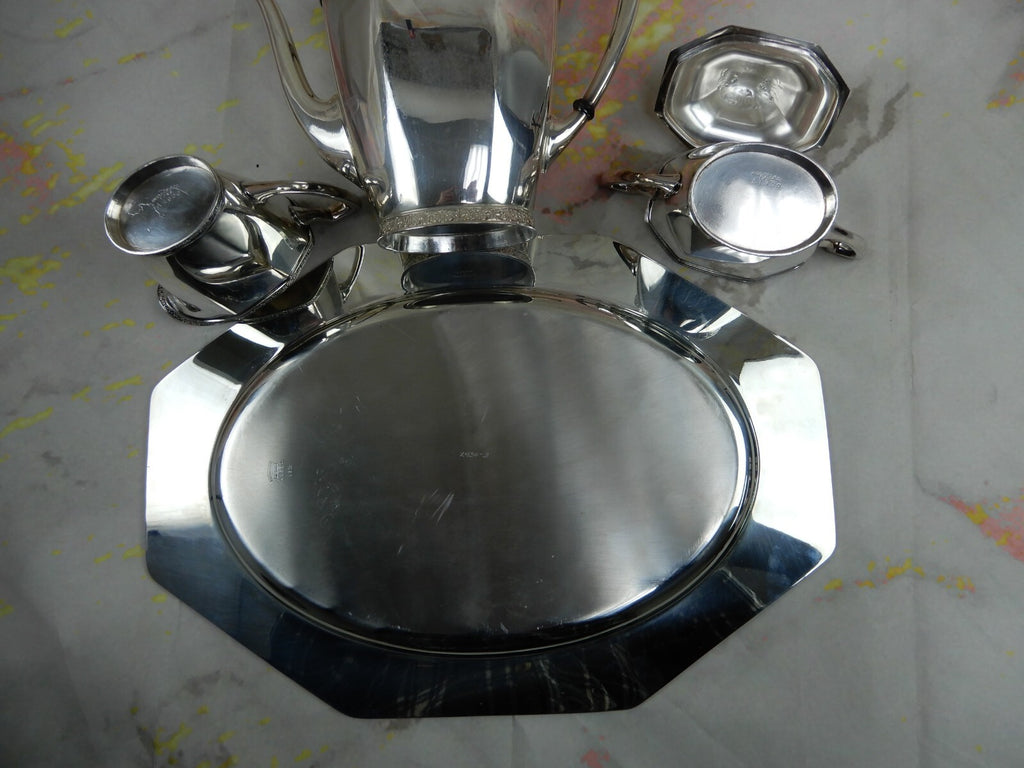 Andover Silver Plated Coffee Pot, Creamer, Sugar Bowl with Tray