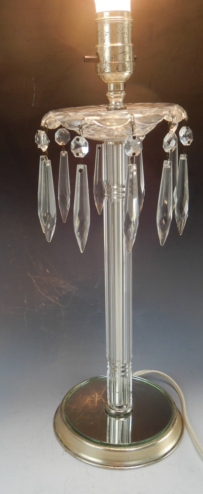 Vintage Crystal Regency Boudoir Table Lamp With Hanging Prisms