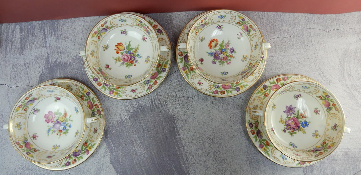 Set of 4 Vtg Dresden Sprays Cream Soup Bowls and Underplates CL Made In England