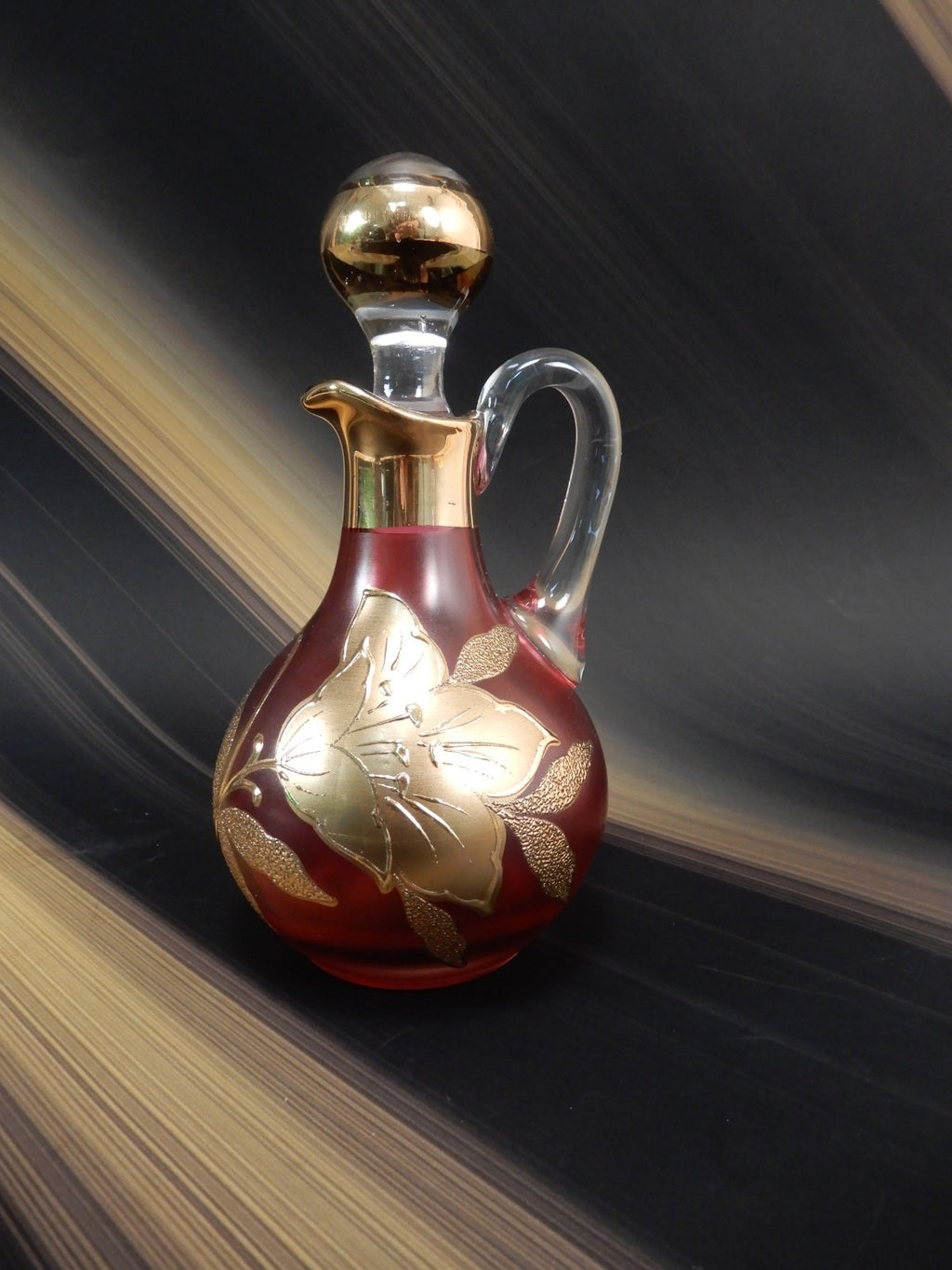 Vintage Bohemian Ruby  Red Glass Gold incustred Poppy Flowers Cruet with Stopper