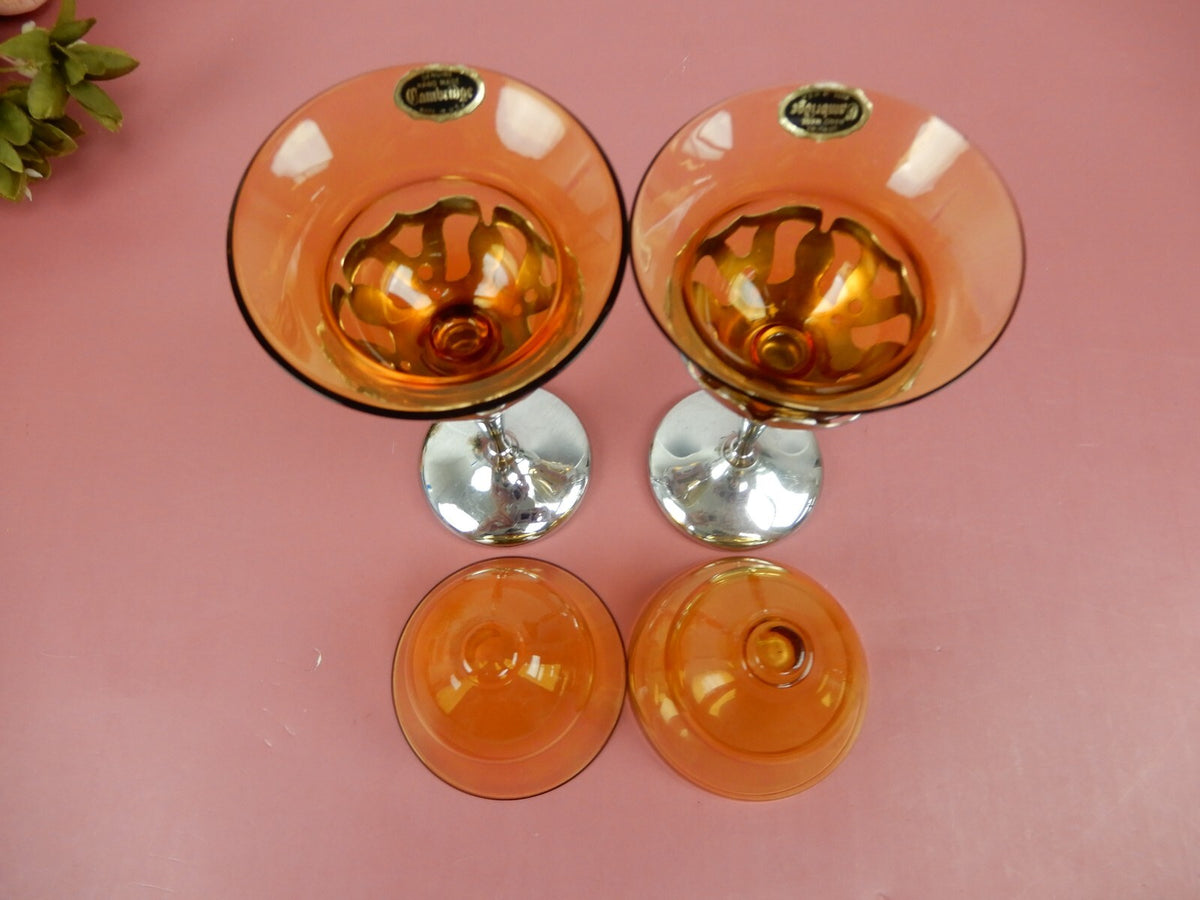 4 Cambridge Amber Colored Glass Inserts W/  2 KROME KRAFT Stems