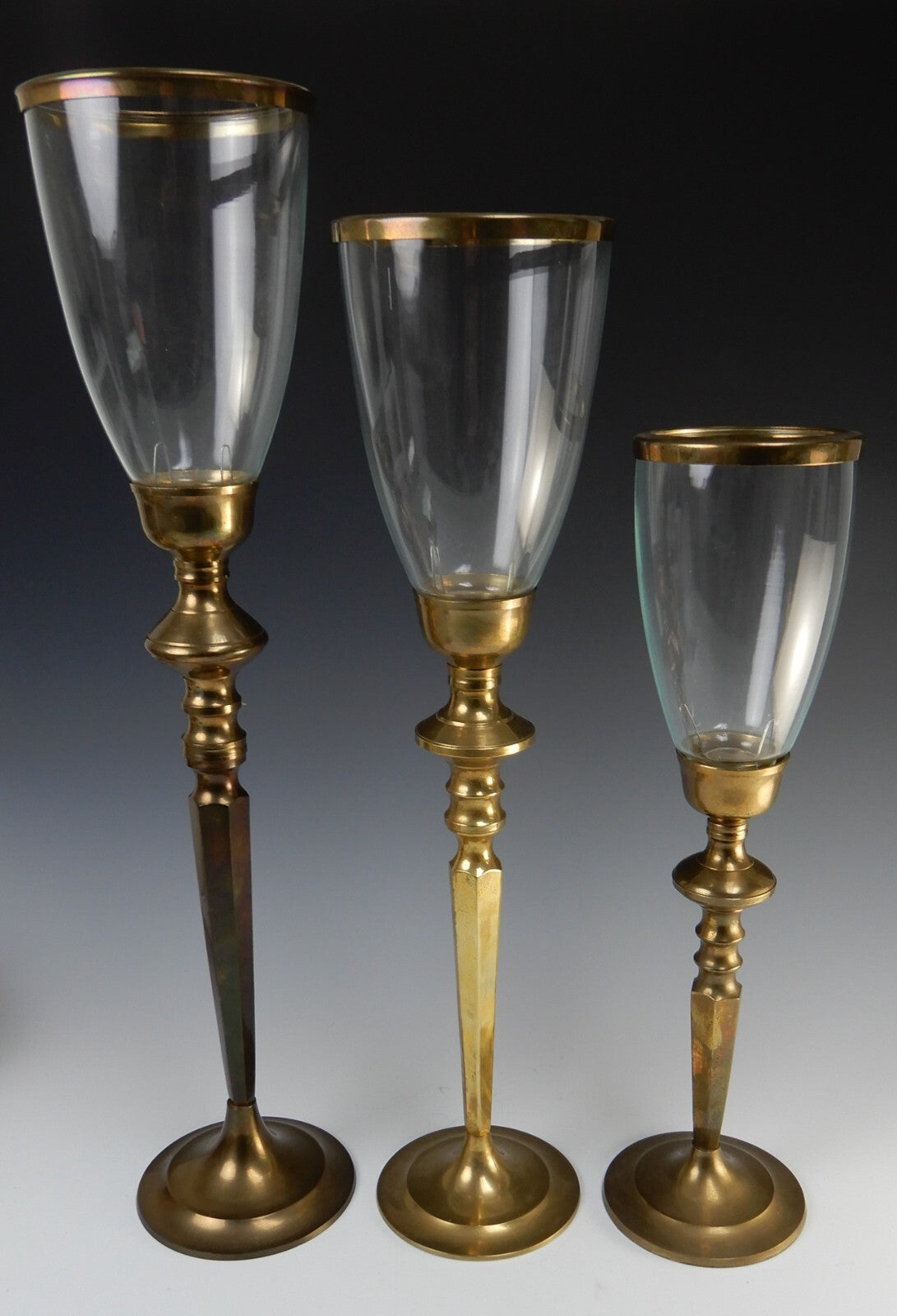 Three Vintage Brass Tiered Candle Holders W/Glass Shades 21-3/8", 19-1/4", 16"