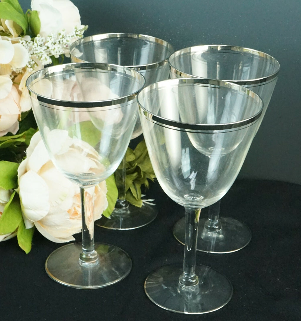 Lot of 4 Vintage Silver Rimmed Water/Wine Glasses 6.5''