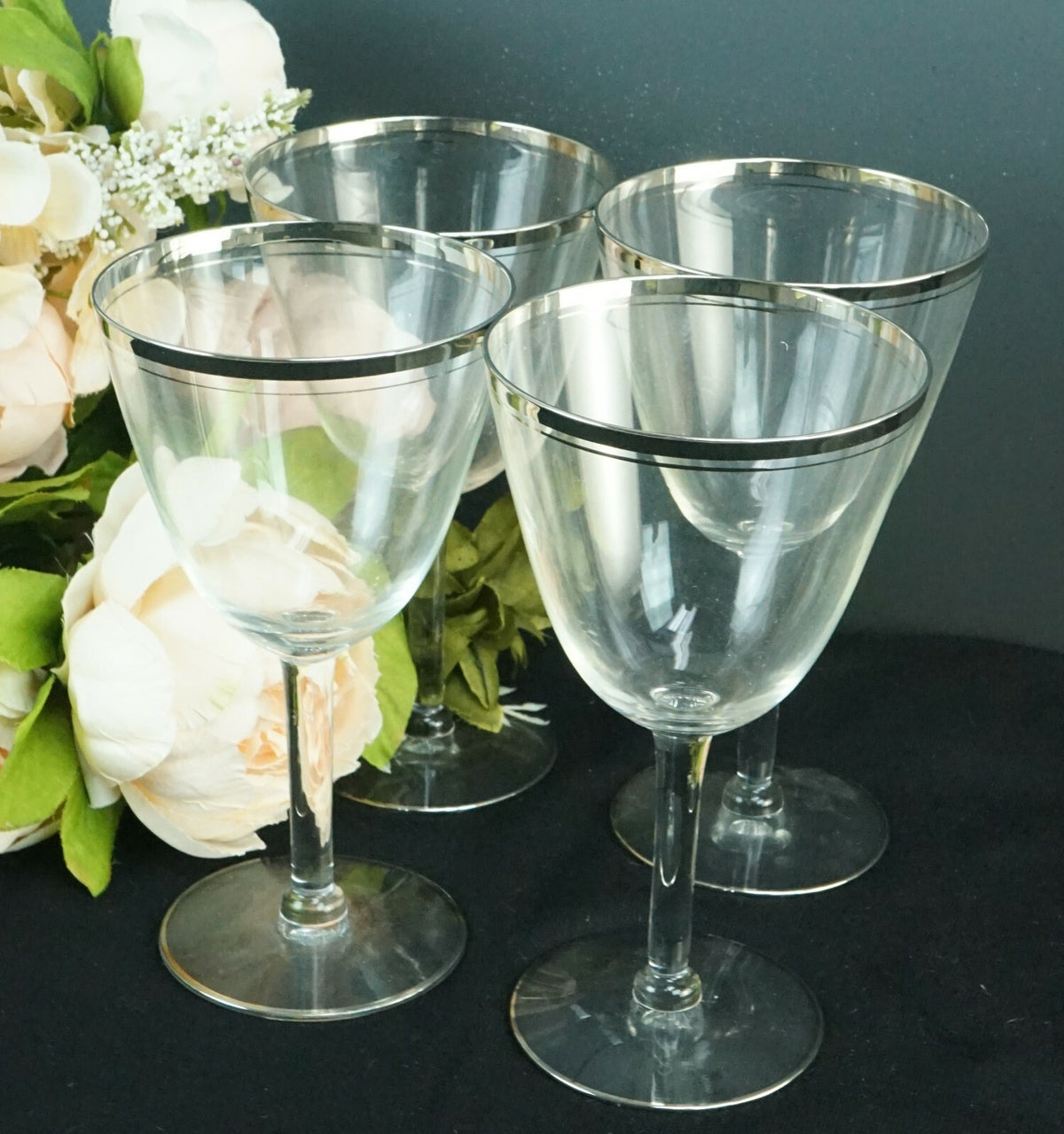 Lot of 4 Vintage Silver Rimmed Water/Wine Glasses 6.5''