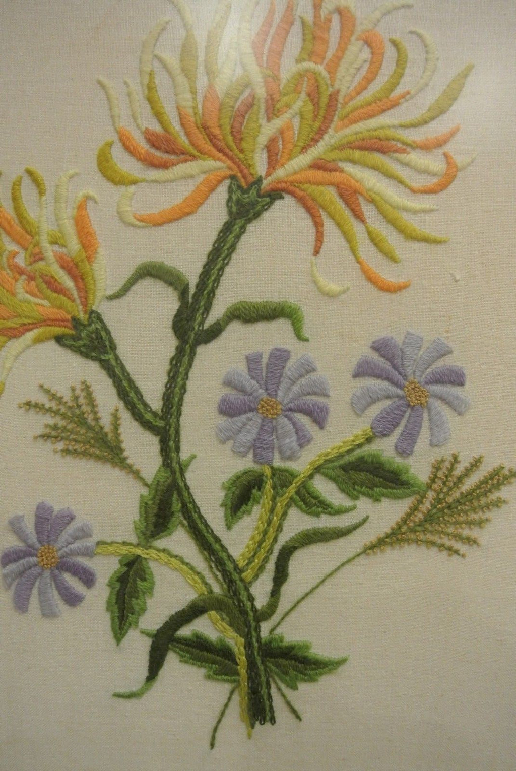 Vintage Needle Work Frame with Yellow and Lavender Flowers ~Non Glare Glass~