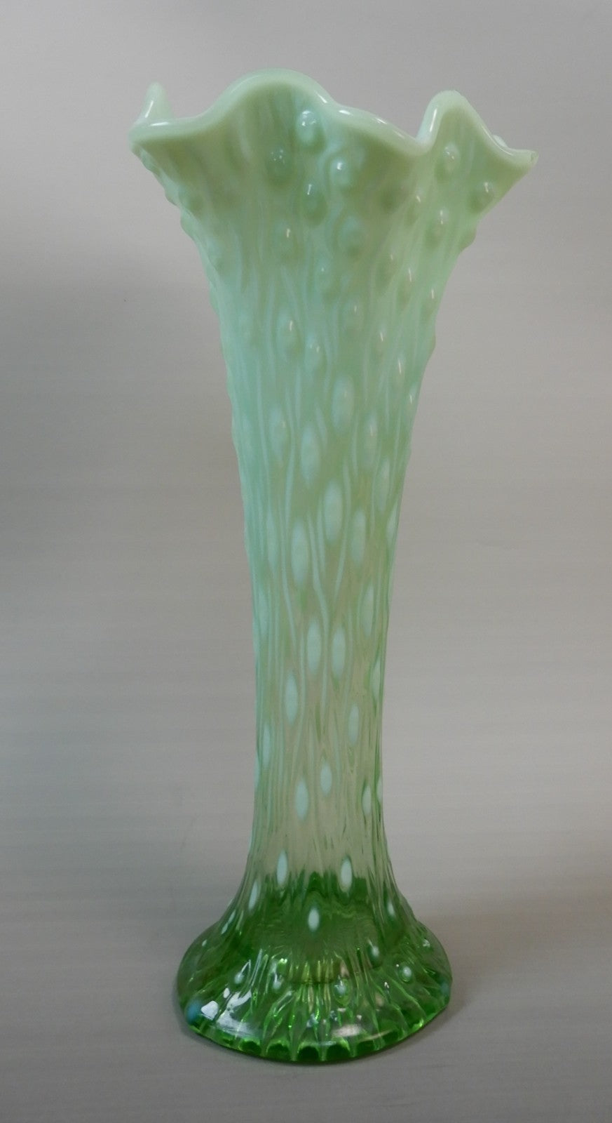 Antique Beautiful Northwood Swung Opalescent Green Glass Tree Trunk 11" Vase