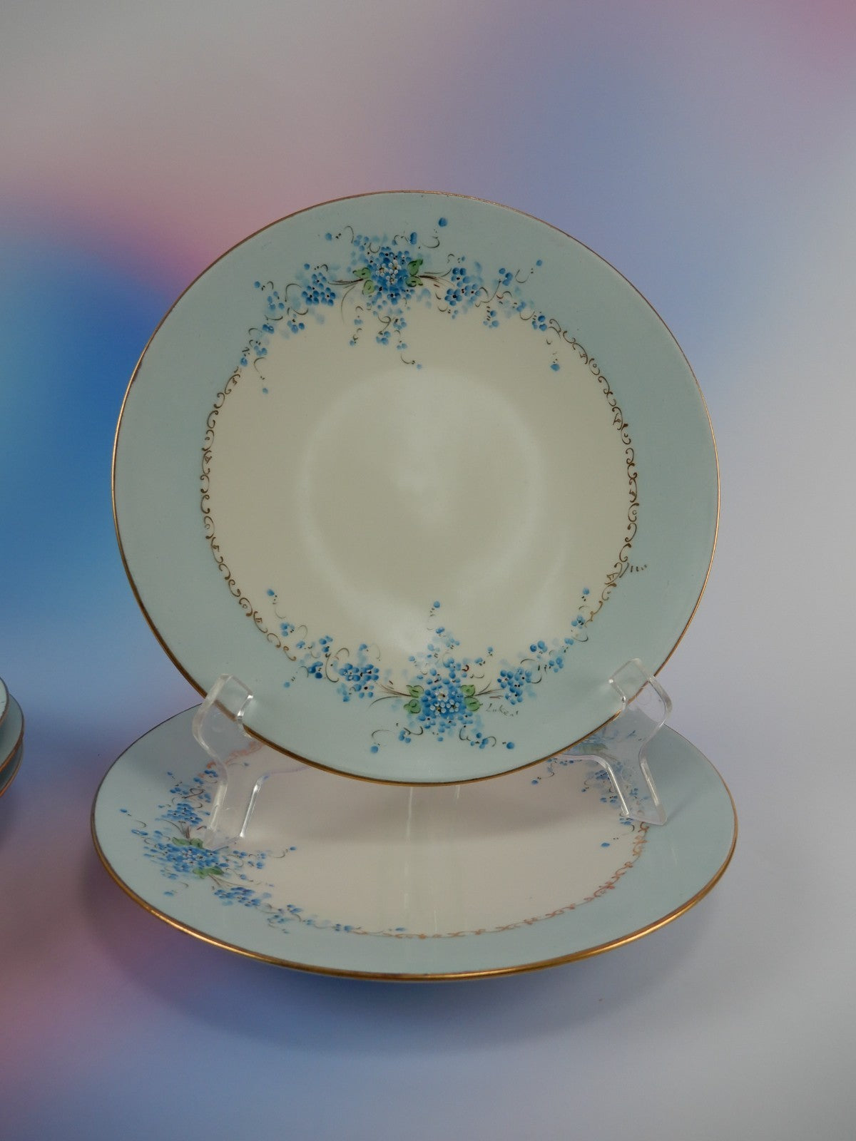 J.P. L. France Blue Forget Me Not Hand Painted Set of Five 9" Luncheon Plates