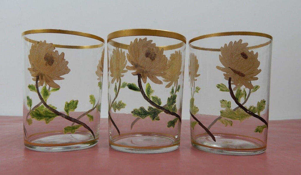 Decorative Embossed Gold Hand Painted Floral Trim Drinking Glass Set of (3)