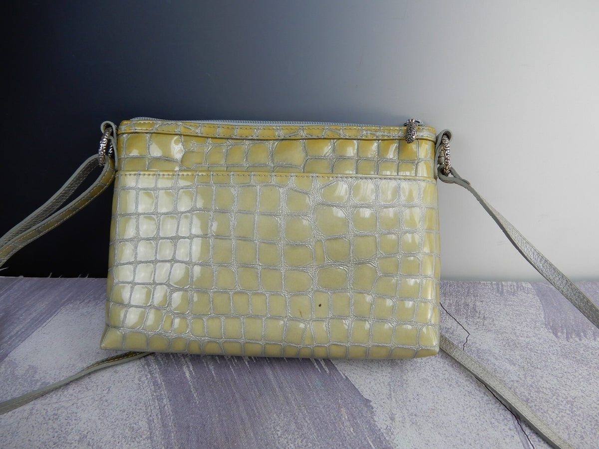 Vintage Brighton Patent Leather Crossbody Croc Embossed Gray/Green 9" by 7"
