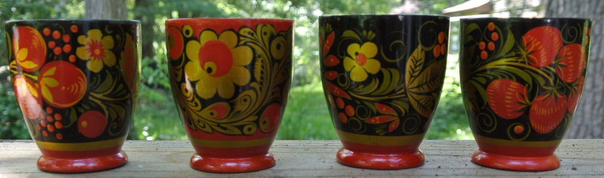 4 Vintage Russian Khokhloma Hand Painted Wood/Lacquer ware Glasses